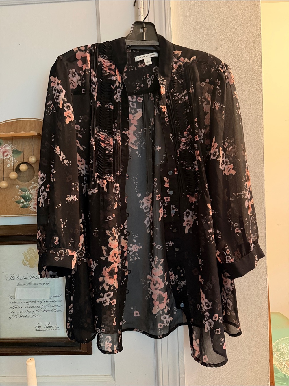 Banana Republic Black Sheer Blouse with Pink Floral Print